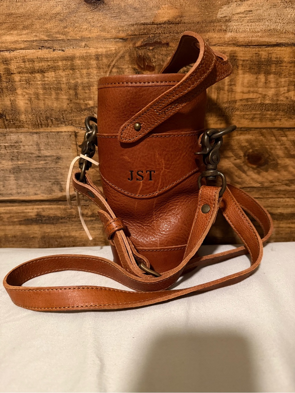 Monogrammed JST Brown Leather Crossbody Bottle Carrier